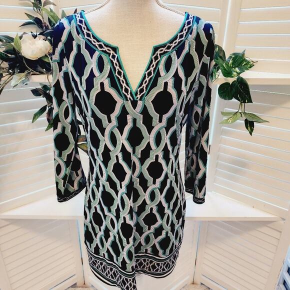 WHITE HOUSE BLACK MARKET GEOMETRIC TEAL/BLACK SHIFT DRESS SIZE SMALL - Picture 1 of 7